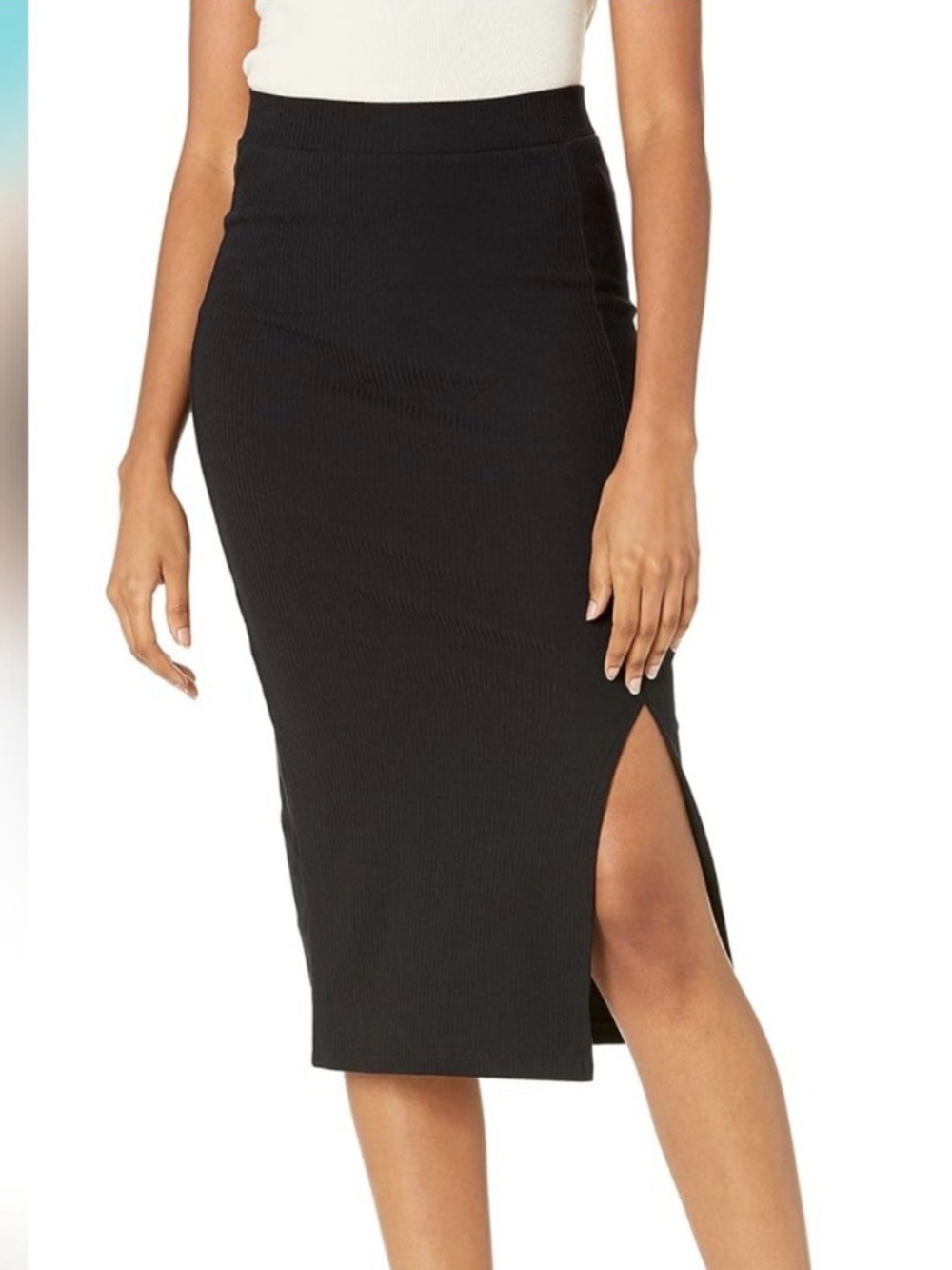 Classic Black Ribbed Midi Skirt with Side Slit